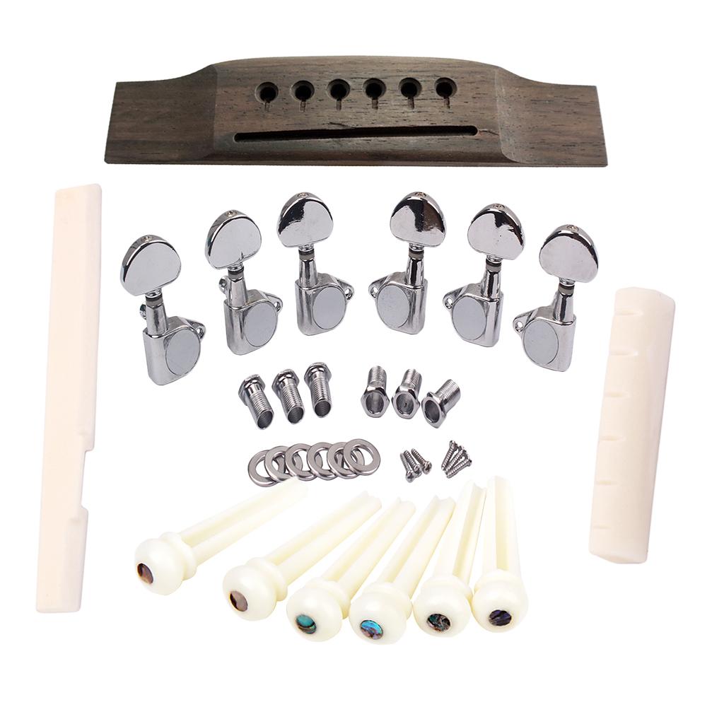 6 String Rosewood Guitar Bridge with Bone Bridge Pins Saddle Nut Tuning Pegs