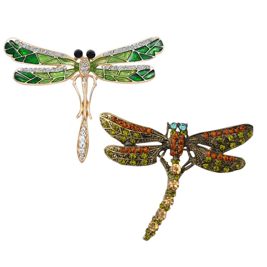 2 Pieces Vintage Crystal Rhinestone Dragonfly Brooch Pin Insect Jewelry Gift