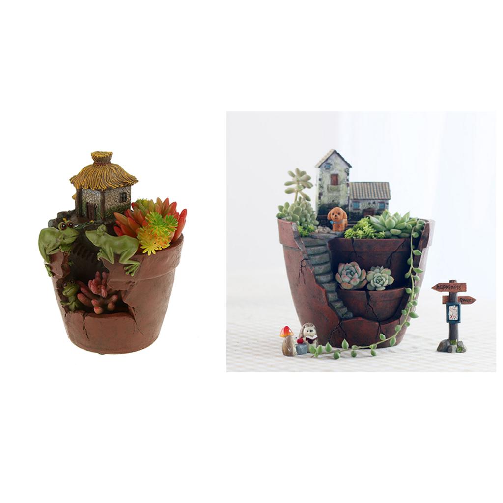 2 Pieces Resin House Succulent Plant Flower Bed Pot Garden Planter Dollhouse