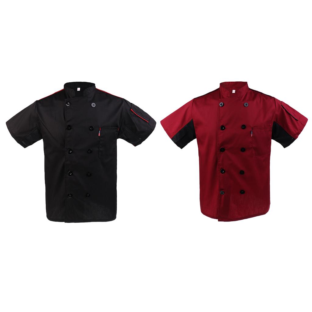 2/set Chef Jacket Coat Uniforms Short Sleeves Unisex Black & Wine Red L