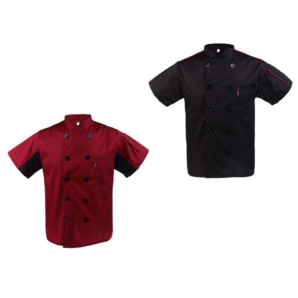 2/set Chef Jacket Coat Uniforms Short Sleeves Unisex Black & Wine Red L
