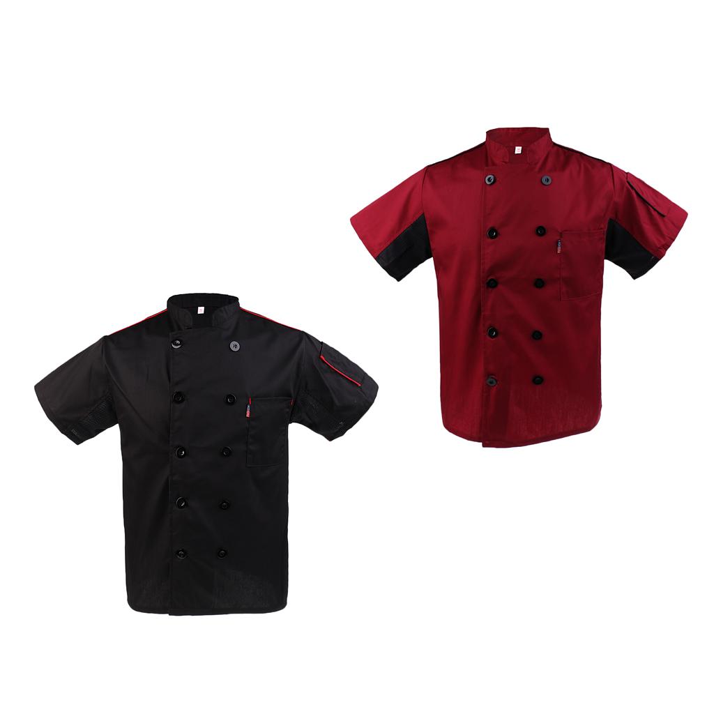 2/set Chef Jacket Coat Uniforms Short Sleeves Unisex Black & Wine Red L