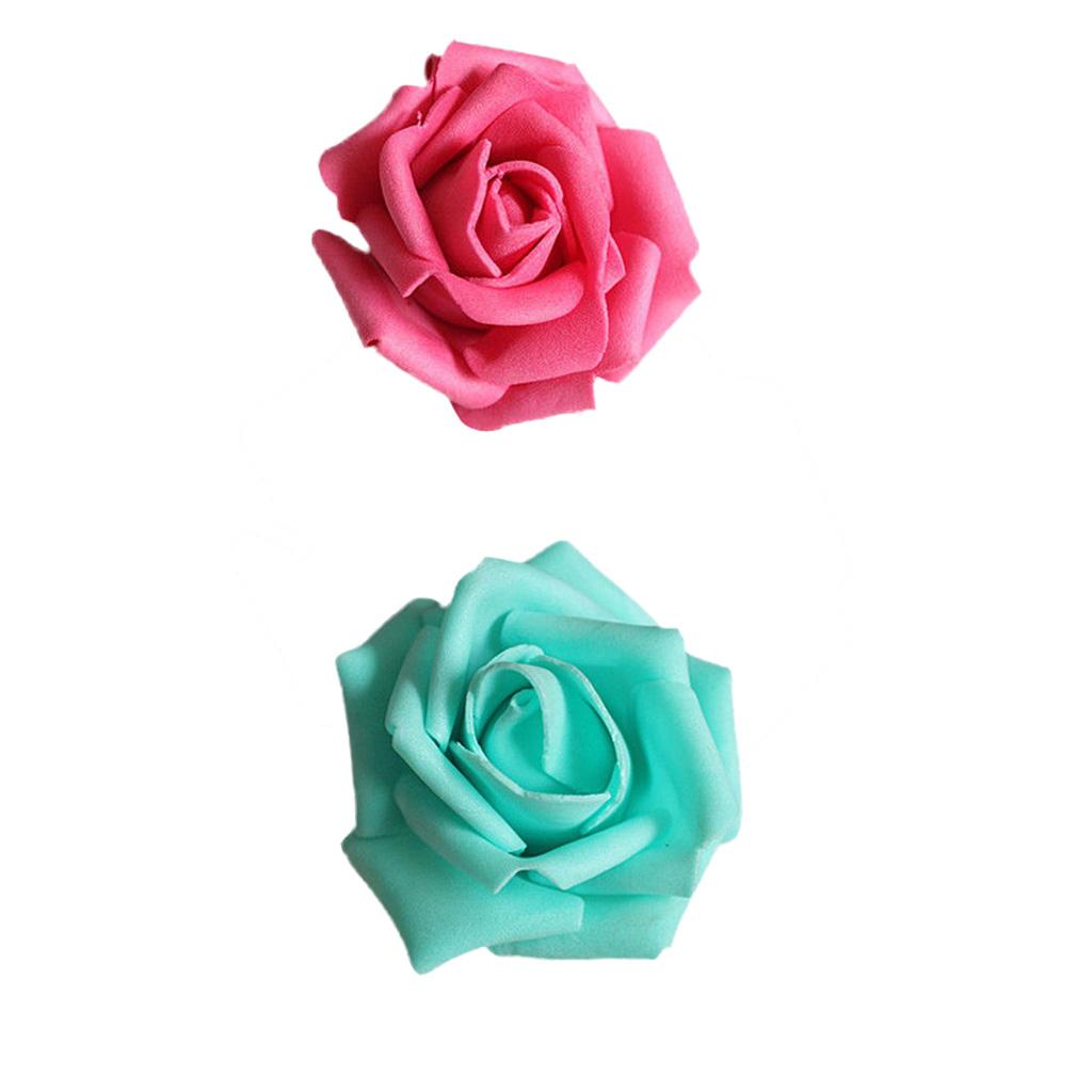 100x Foam Rose Heads Artificial Flower Bridal Bouquet Decor Blue+Rosy
