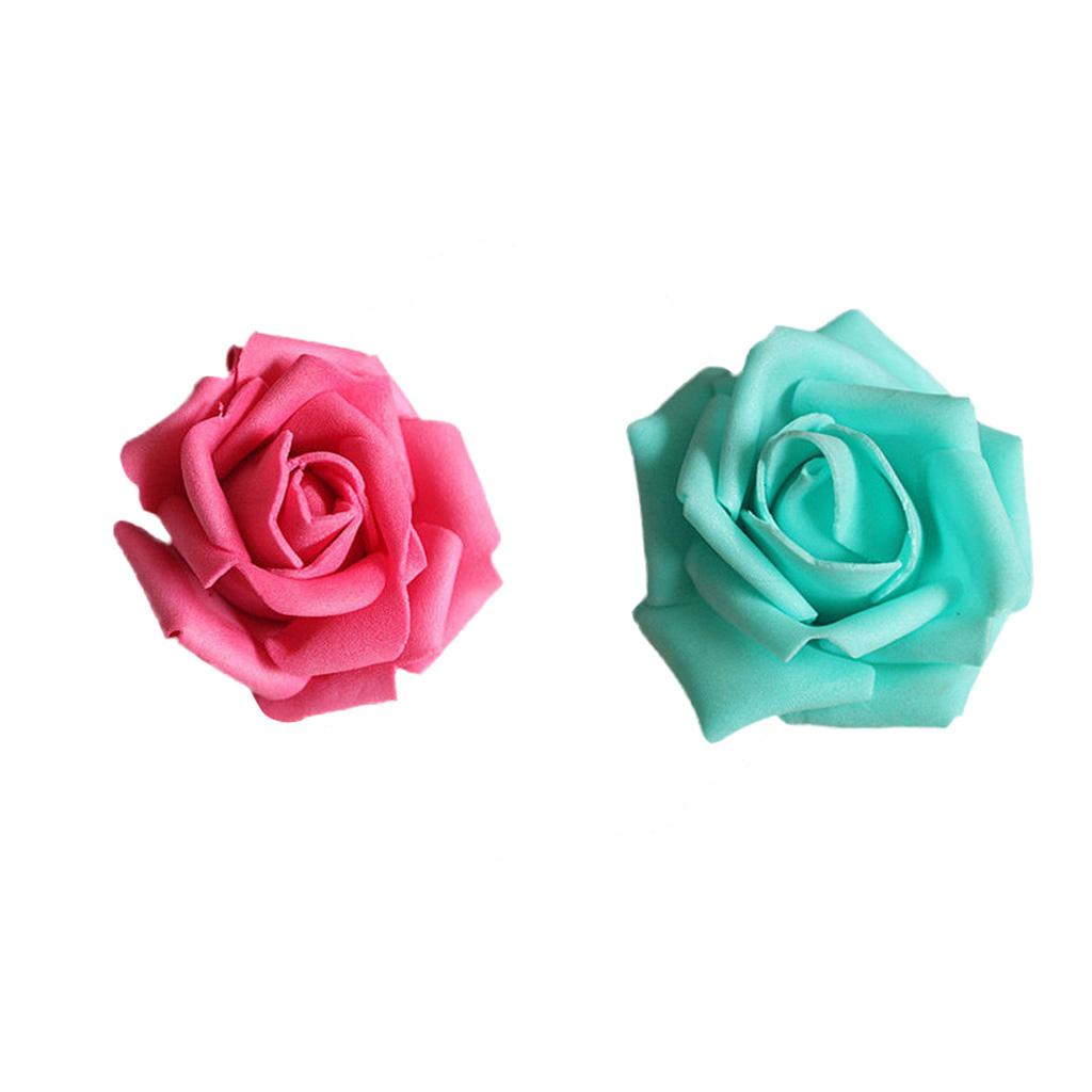 100x Foam Rose Heads Artificial Flower Bridal Bouquet Decor Blue+Rosy