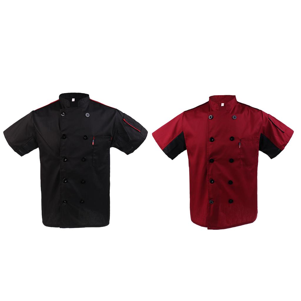 2 Chef Jacket Coat Uniforms Short Sleeves Unisex Black & Wine Red XL