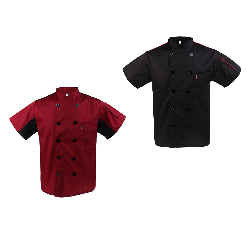 2 Chef Jacket Coat Uniforms Short Sleeves Unisex Black & Wine Red XL