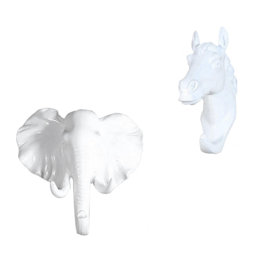 2x Wall Mounted Resin Coat Hat Hooks Rustic White Elephant + Horse Pattern