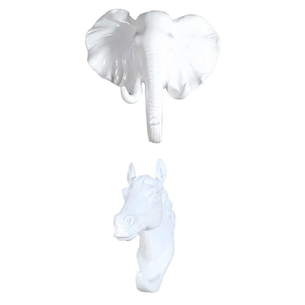 2x Wall Mounted Resin Coat Hat Hooks Rustic White Elephant + Horse Pattern