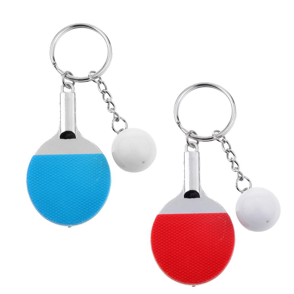2x Creative Table Tennis Ping-pong Racket & Ball Pendant Key Ring Red & Blue