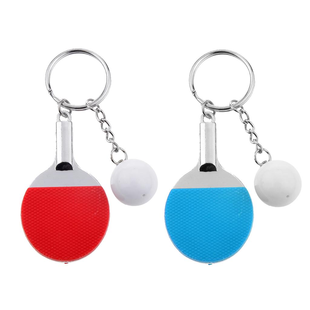 2x Creative Table Tennis Ping-pong Racket & Ball Pendant Key Ring Red & Blue