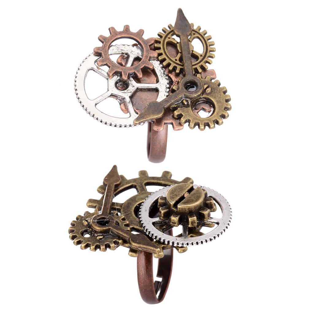 2pcs Unisex Vintage Punk Gothic Adjustable Ring Steampunk Gear Pattern Ring