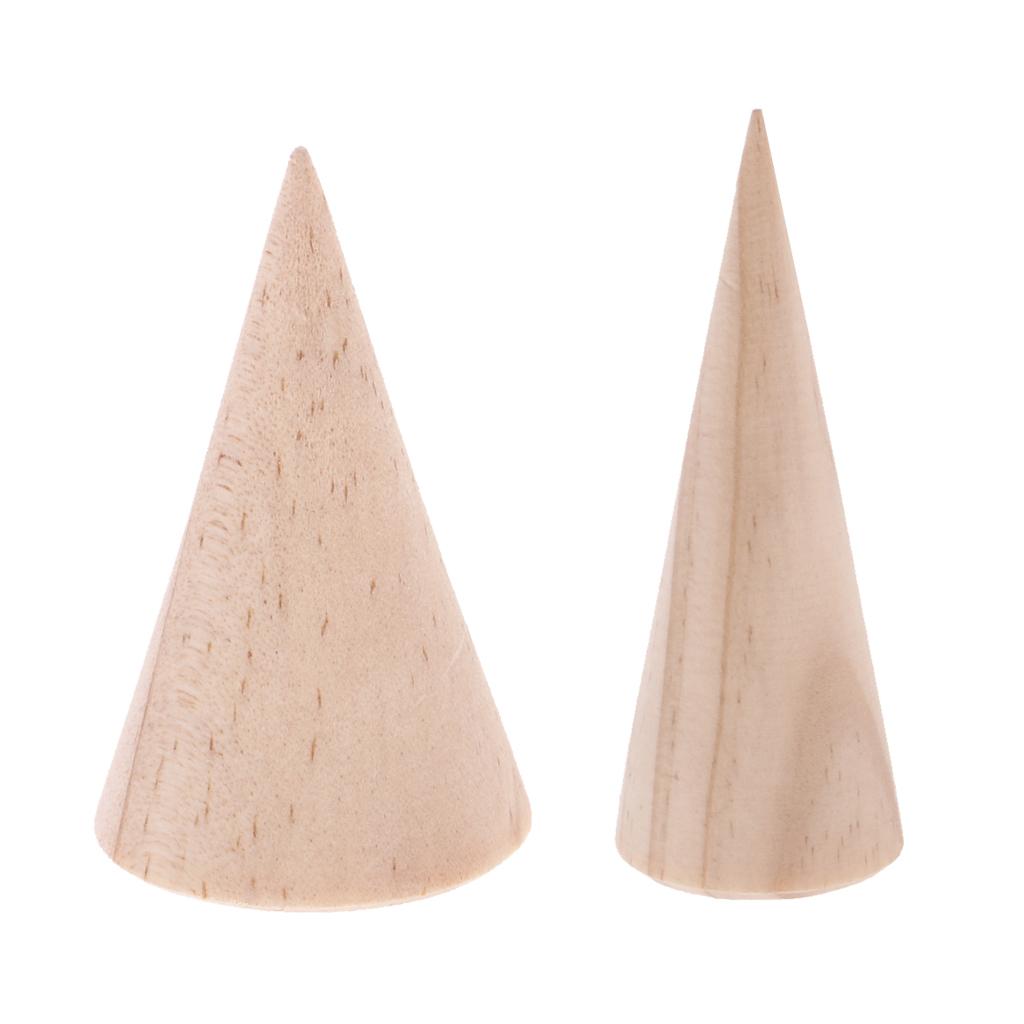 2pcs Natural Unpainted Wooden Ring Jewelry Display Rack Stand Cone Shape