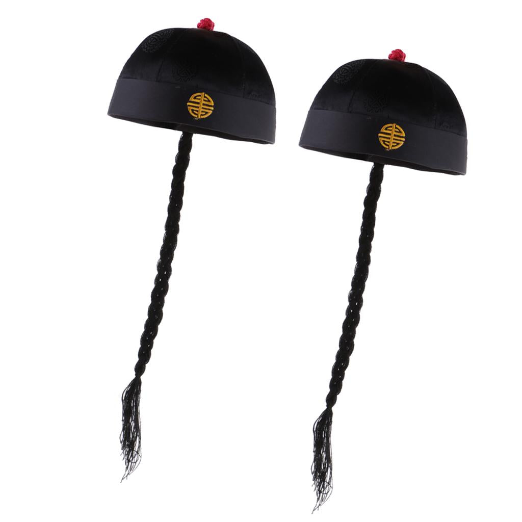 2 Piece Adult Men Black Chinese Oriental Cap with Ponytail Party Costume Hat