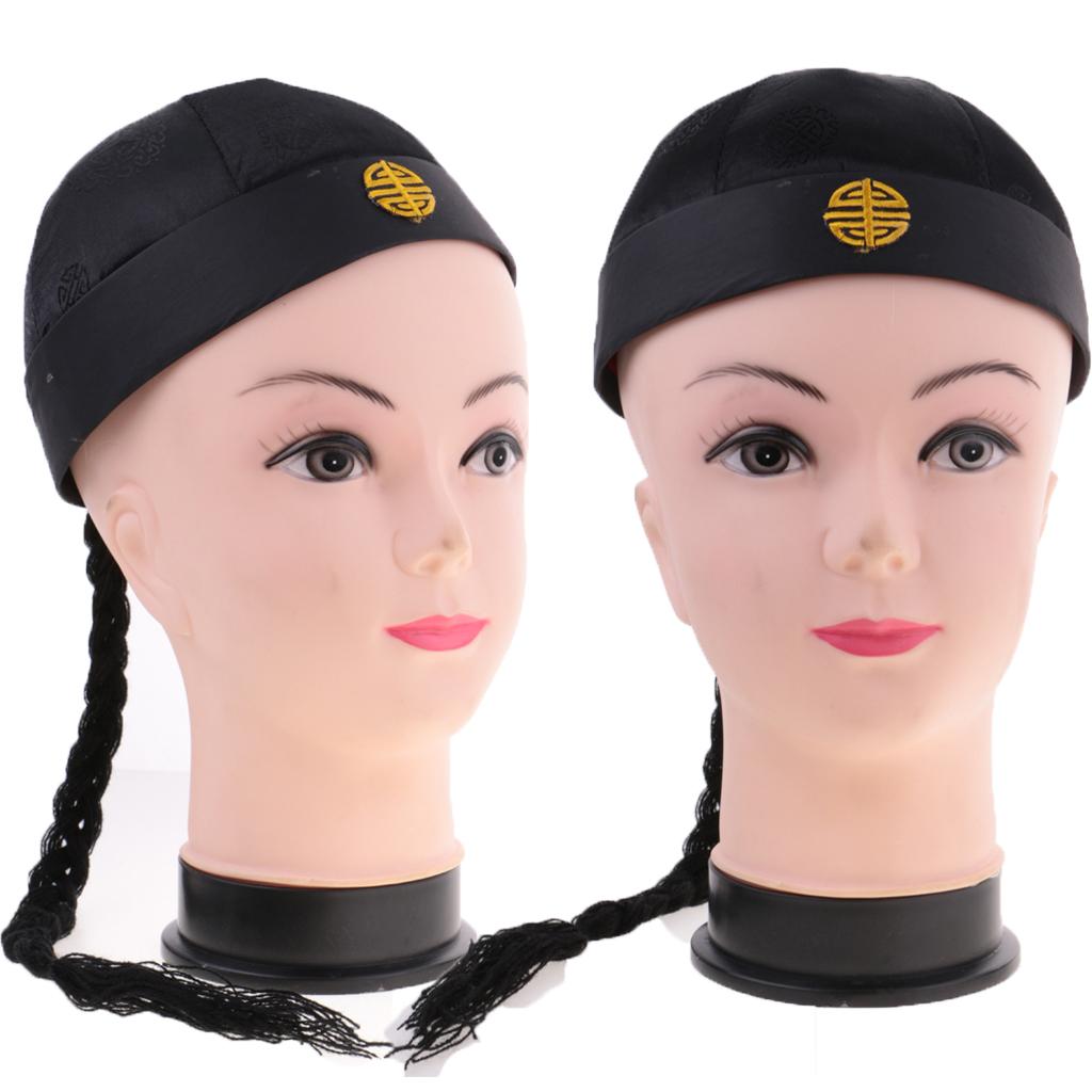 2 Piece Adult Men Black Chinese Oriental Cap with Ponytail Party Costume Hat