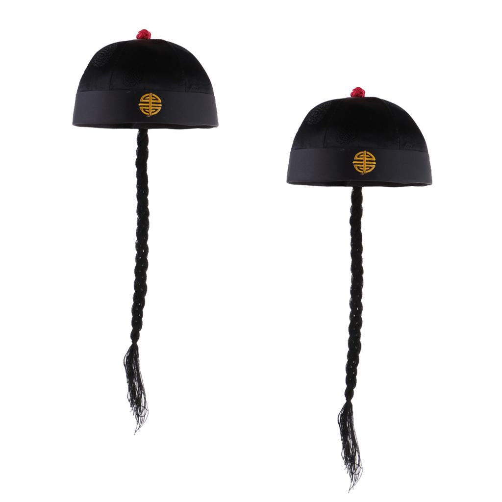 2 Piece Adult Men Black Chinese Oriental Cap with Ponytail Party Costume Hat