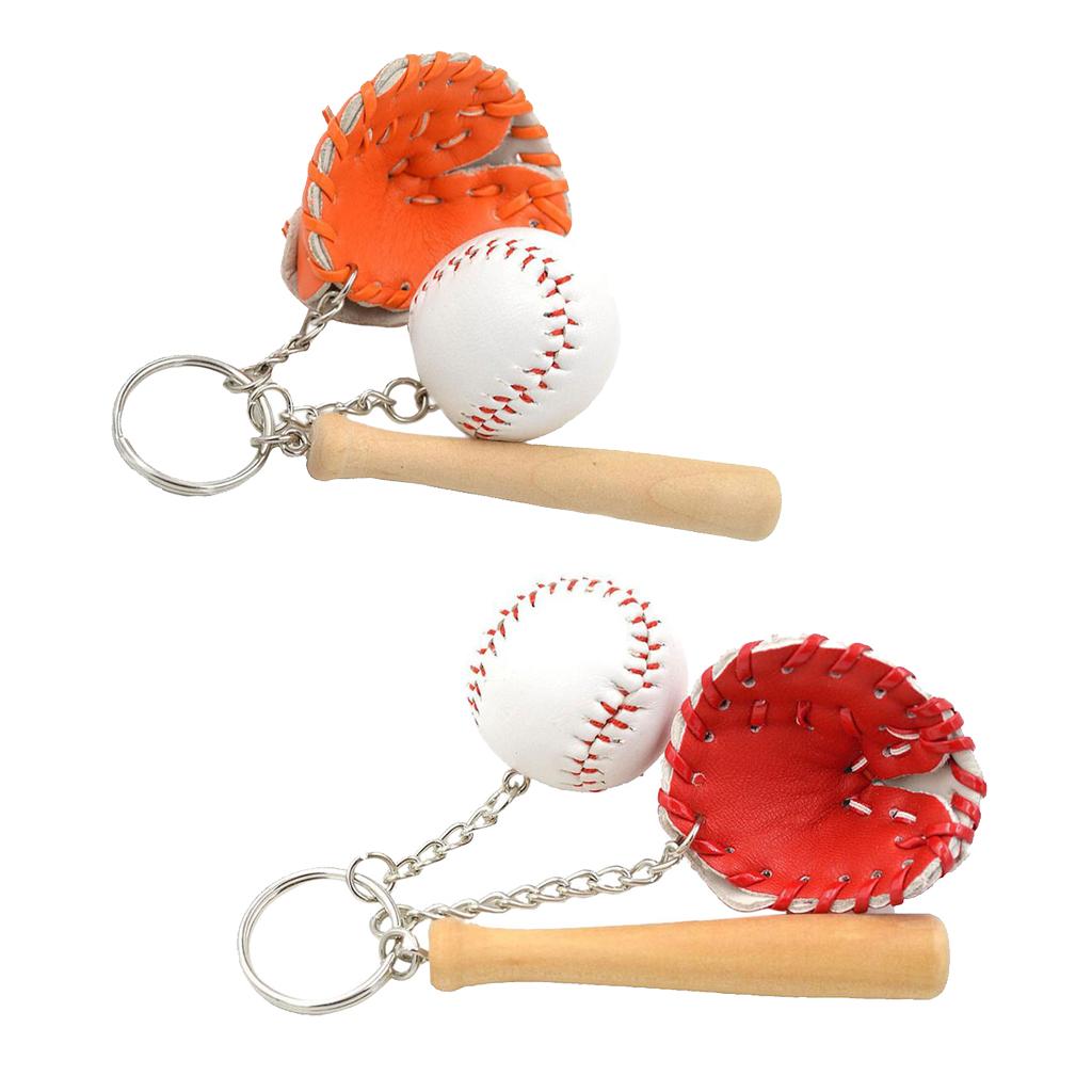 2PCS Mini Baseball Ball+Bat+Glove Set Pendant Keyring Key Chain Gifts