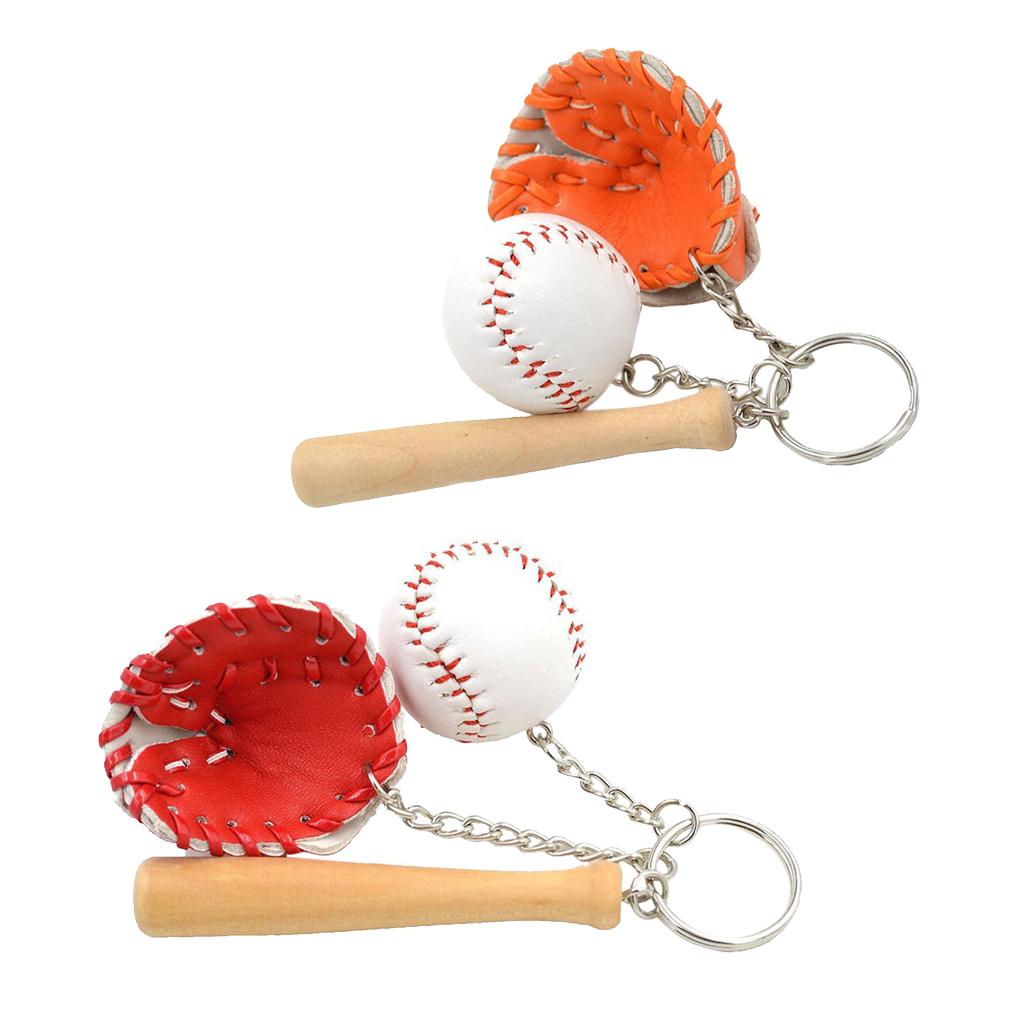 2PCS Mini Baseball Ball+Bat+Glove Set Pendant Keyring Key Chain Gifts