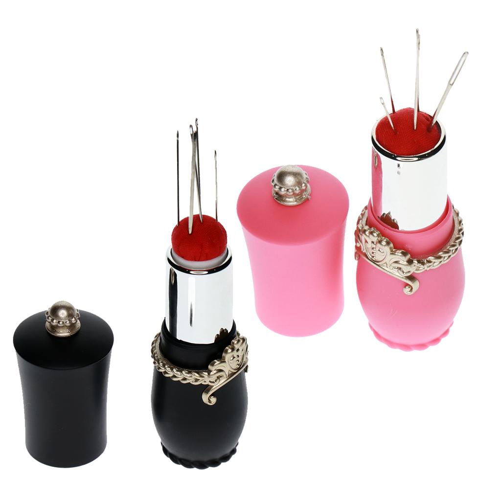 2PCS Lipstick Shaped Needles Pin Cushion Holder with 10pcs Sewing Needles