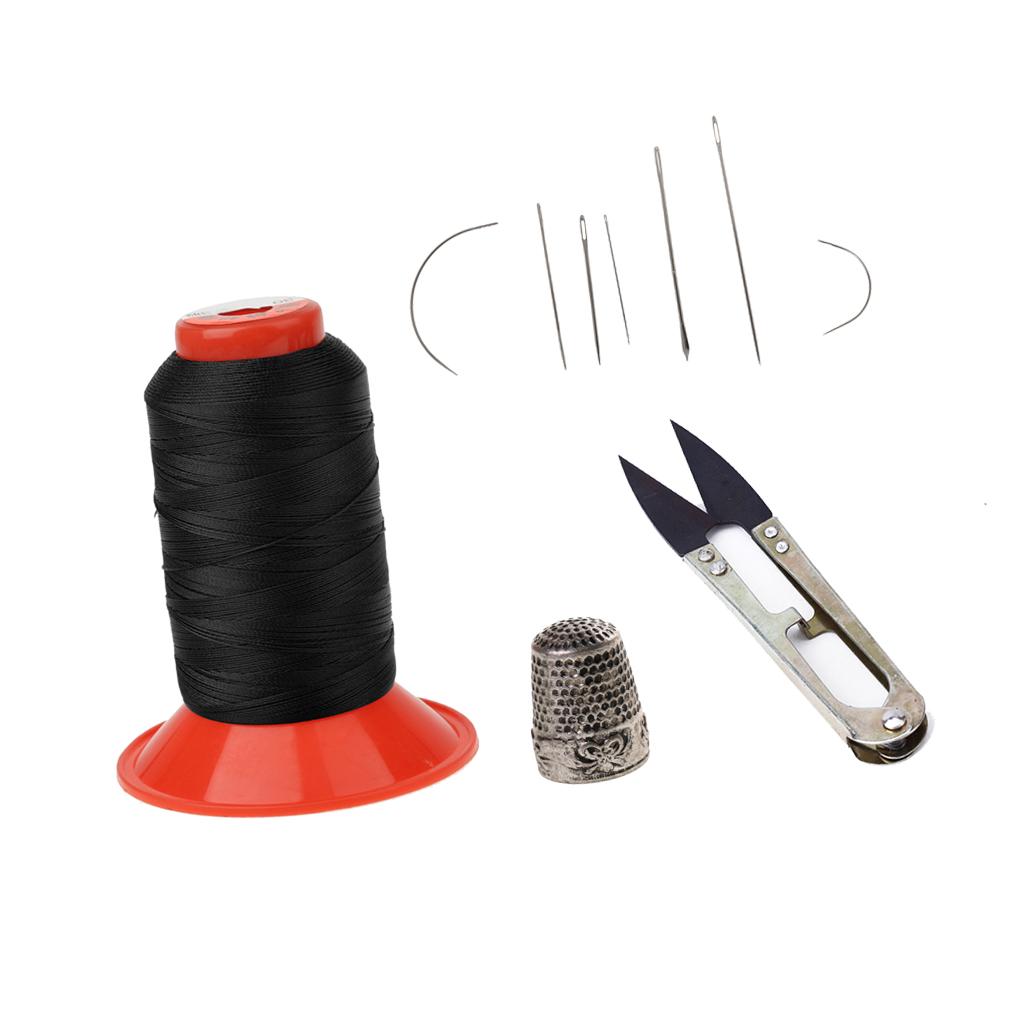 Black Bonded Nylon Sewing Thread Curved Needles Scissors and Thimble Tools