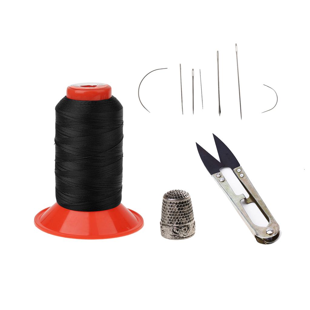 Black Bonded Nylon Sewing Thread Curved Needles Scissors and Thimble Tools