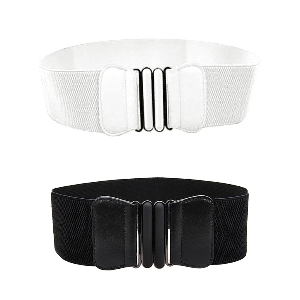 2pcs Fashion Womens Faux Leather Wide Elastic Buckle Waist Belt Black White