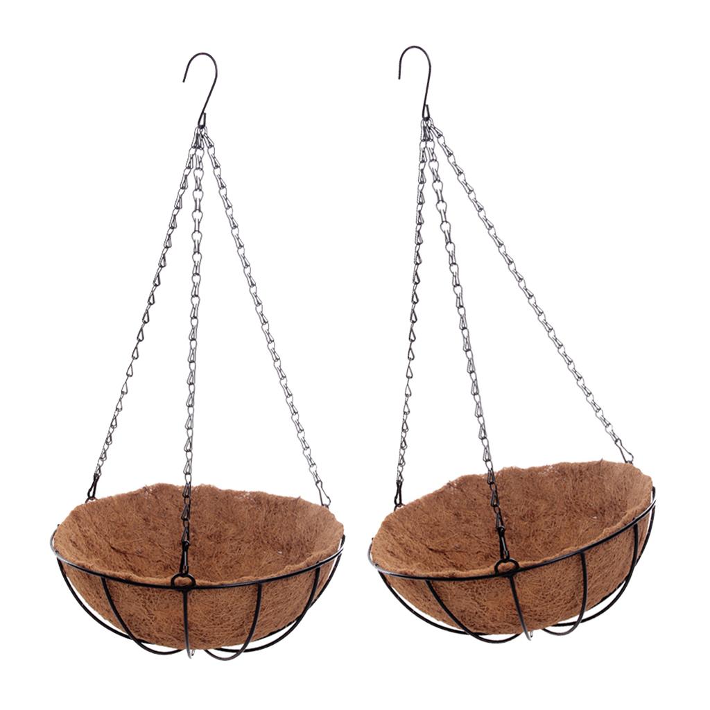 2pcs Hanging Coconut Basket Planter Flower Pot Black Metal Frame Hanger 10''
