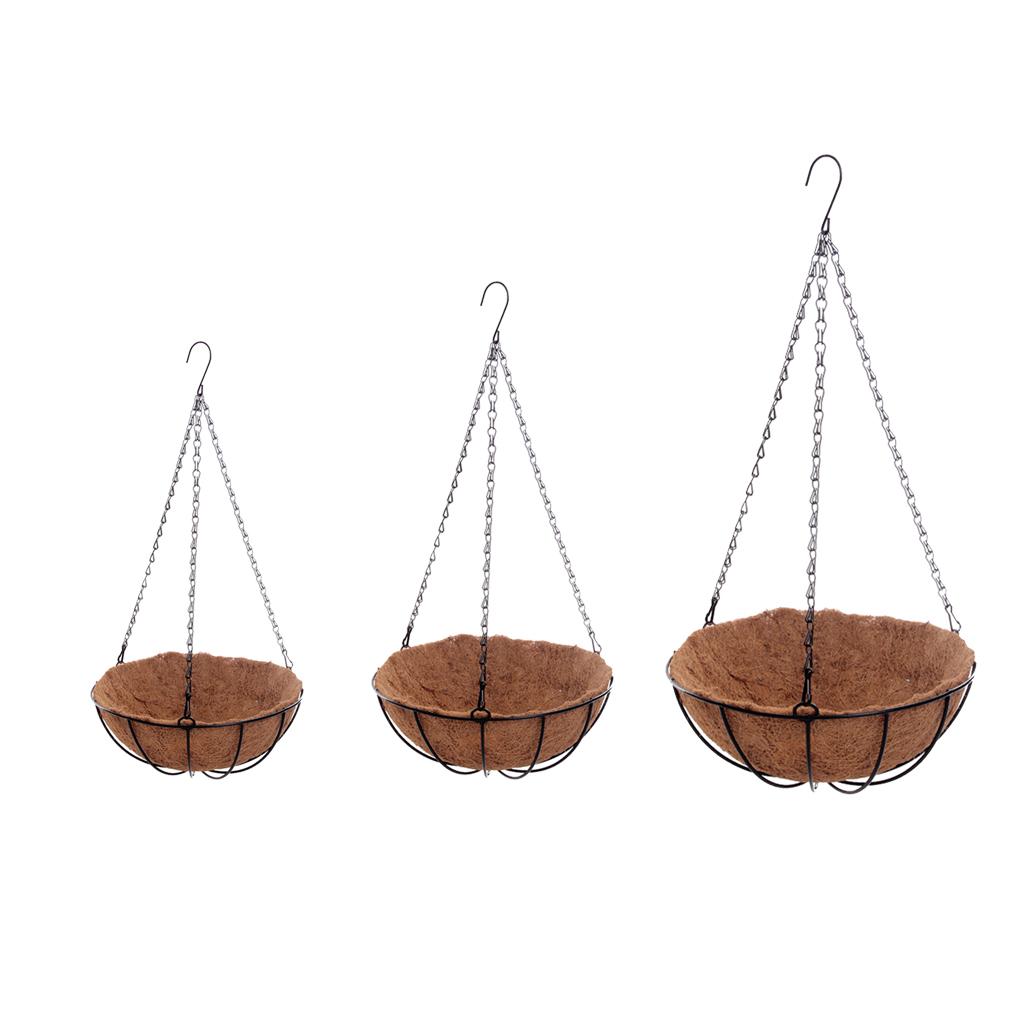 3pcs Hanging Coconut Basket Planter Flower Pot Back Black Metal Frame Hanger
