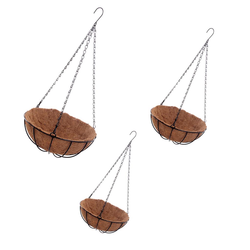 3pcs Hanging Coconut Basket Planter Flower Pot Back Black Metal Frame Hanger