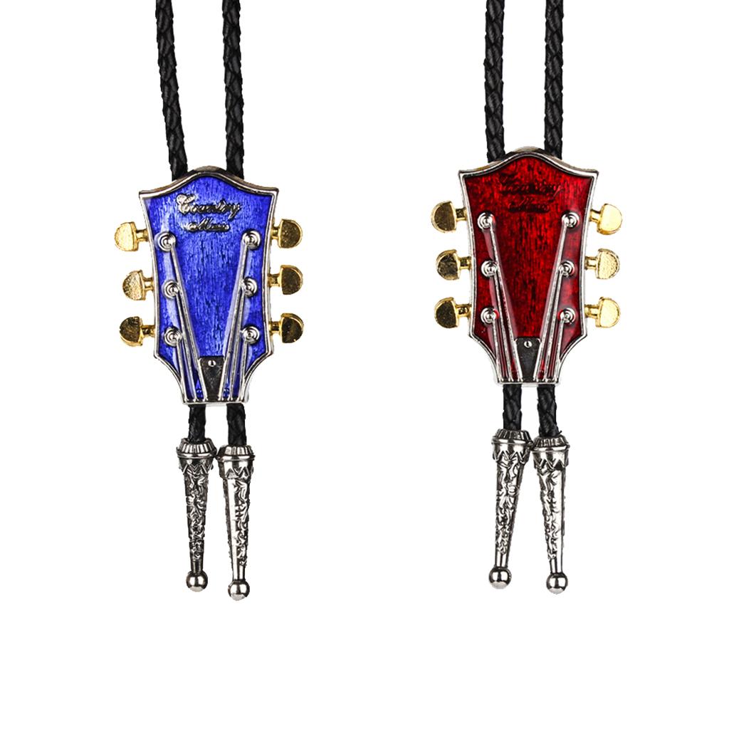 2 Pieces Country Music Guitar Western Cowboy Rodeo Bolo Tie bola Necklace