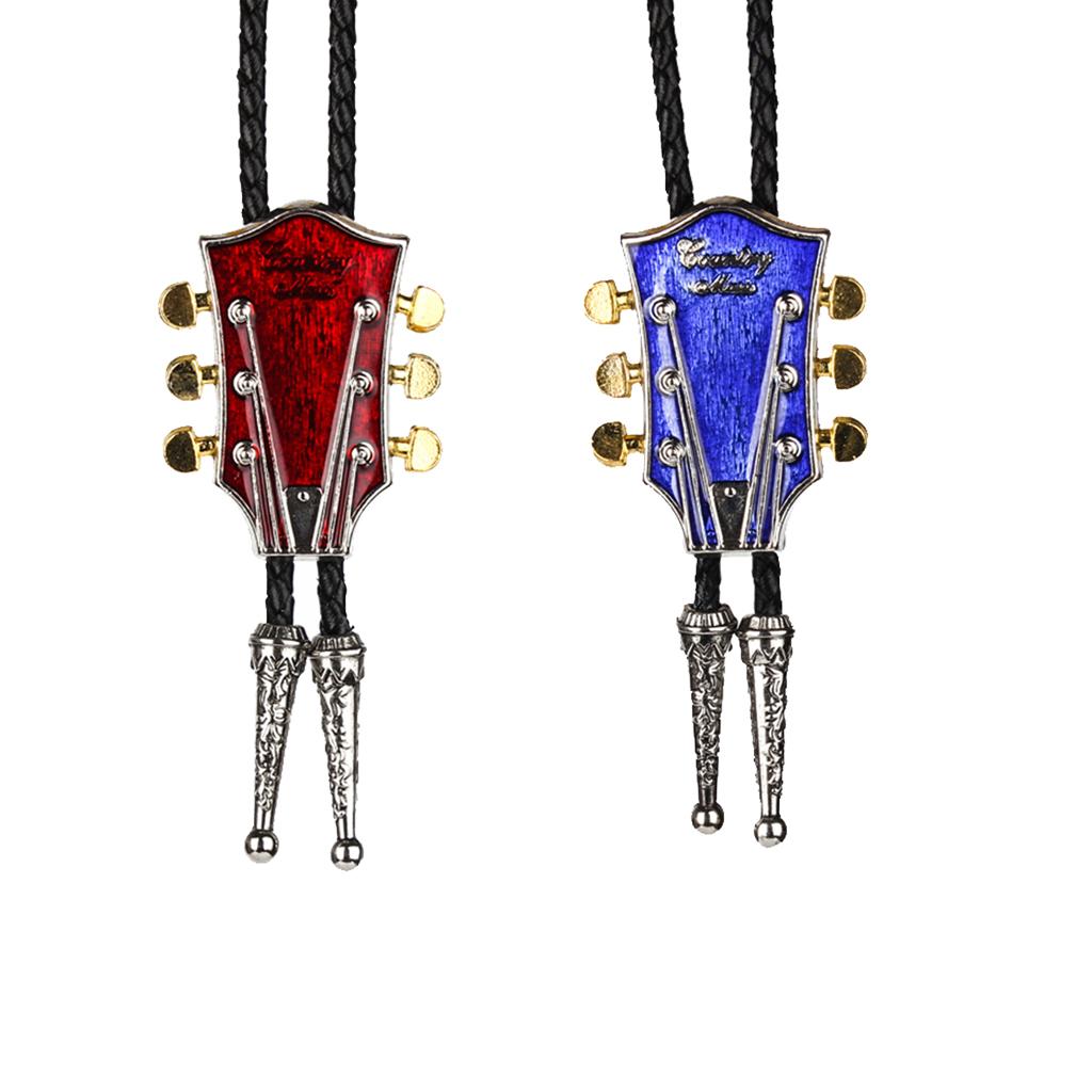2 Pieces Country Music Guitar Western Cowboy Rodeo Bolo Tie bola Necklace