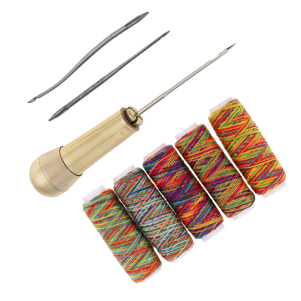 3 Needles Copper Handle Awl Stitcher Repairing Tools & Sewing Threads Spool