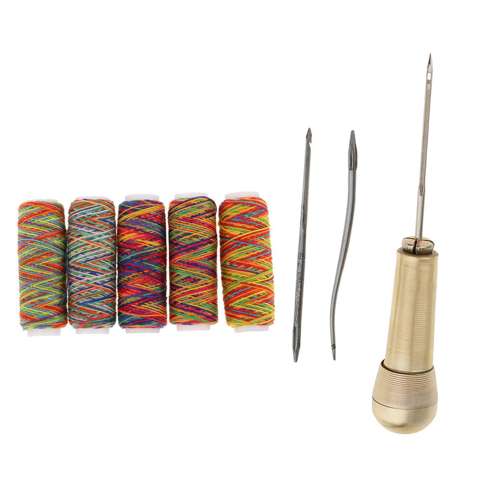 3 Needles Copper Handle Awl Stitcher Repairing Tools & Sewing Threads Spool