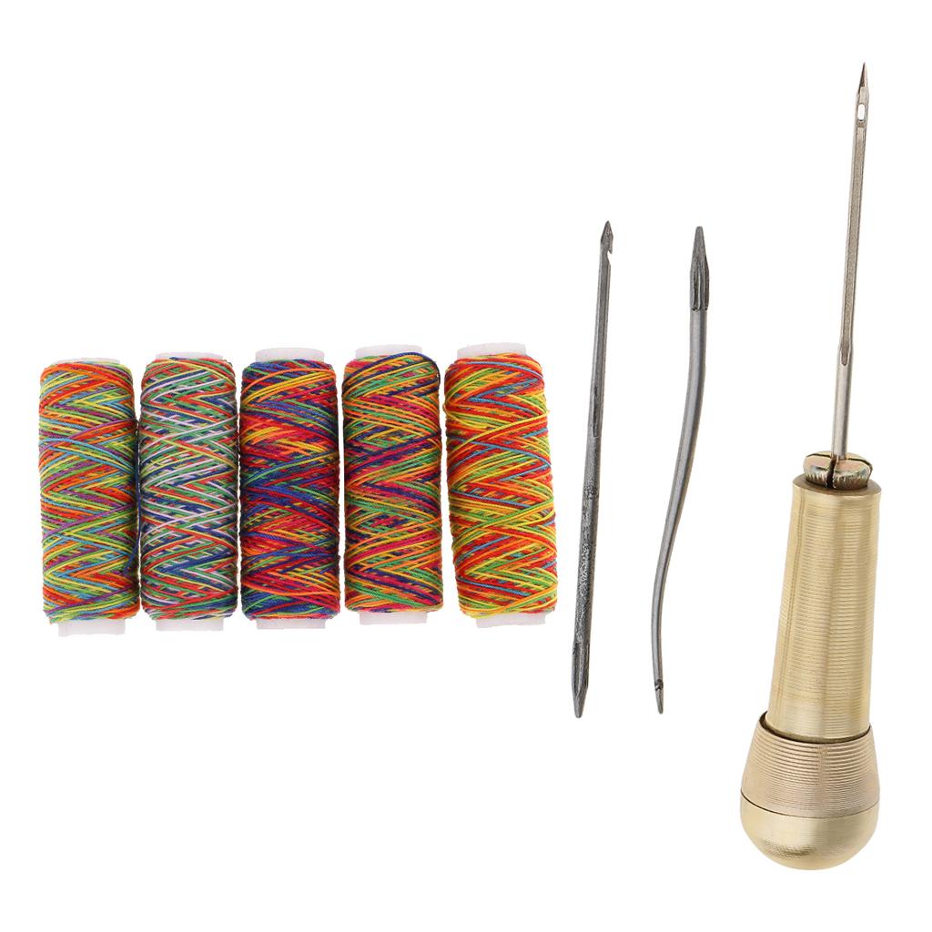 3 Needles Copper Handle Awl Stitcher Repairing Tools & Sewing Threads Spool