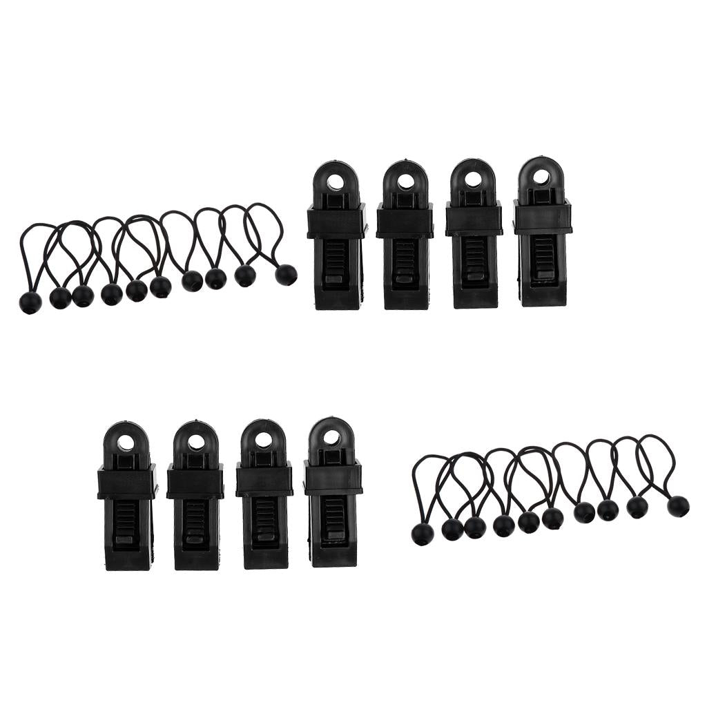 8pcs Awning Clamp Camping Tent Tarp Clips Snap Hangers + 20pcs Ball Bungees