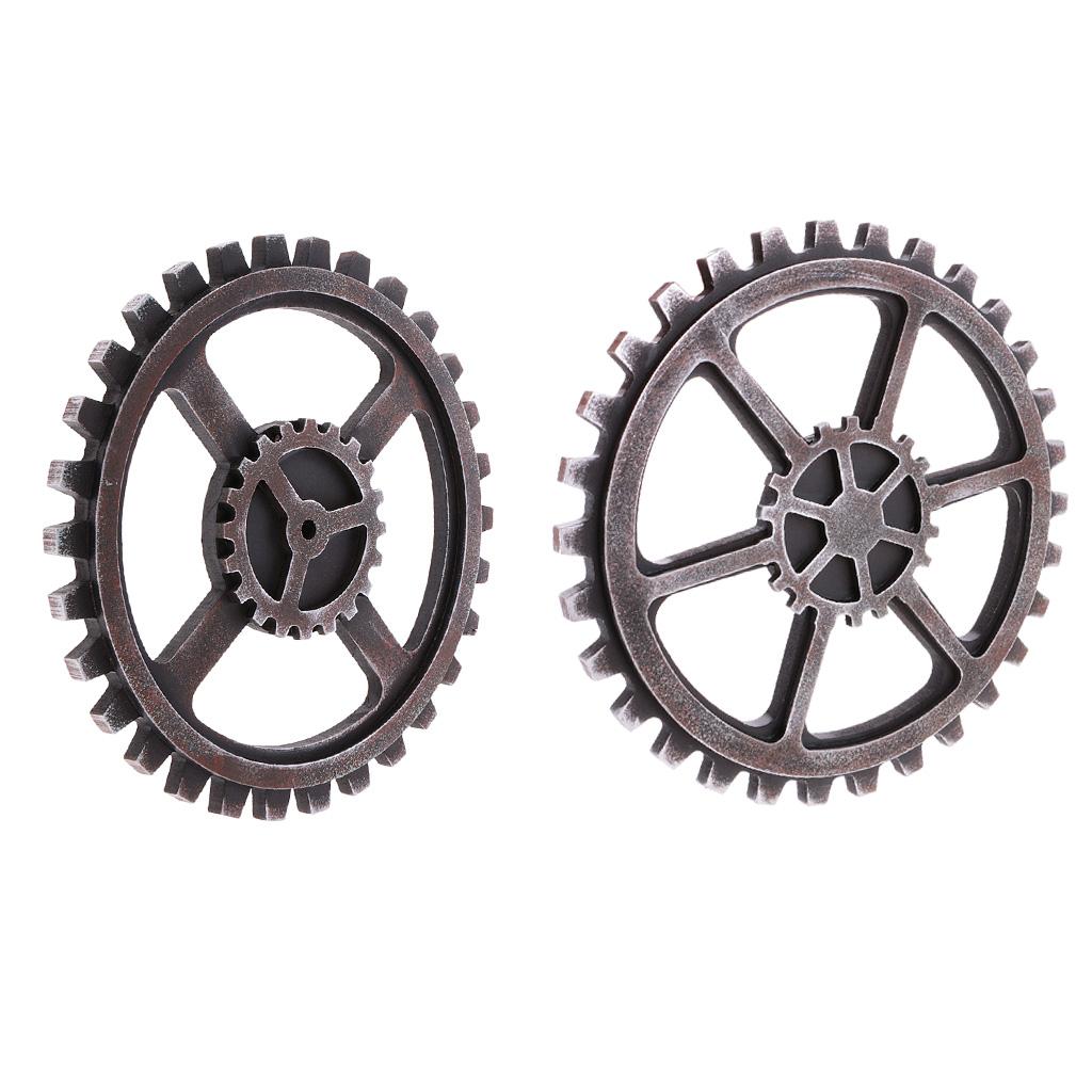 2Pcs Rustic Wooden Circle Gear Home Bar Wall Hanging Art Craft Black