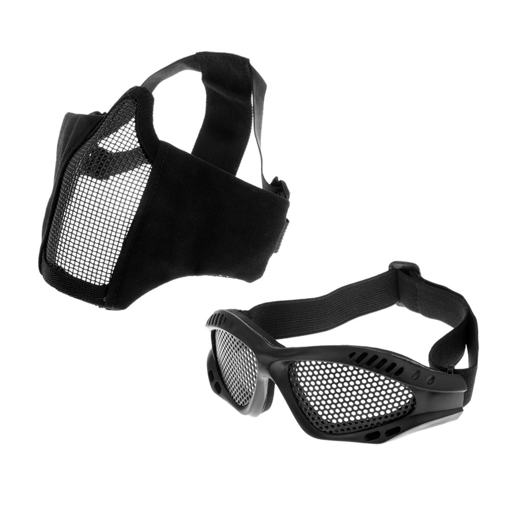 Adjustable Steel Mesh Half Face Lower Tactical Mask & Goggles Black