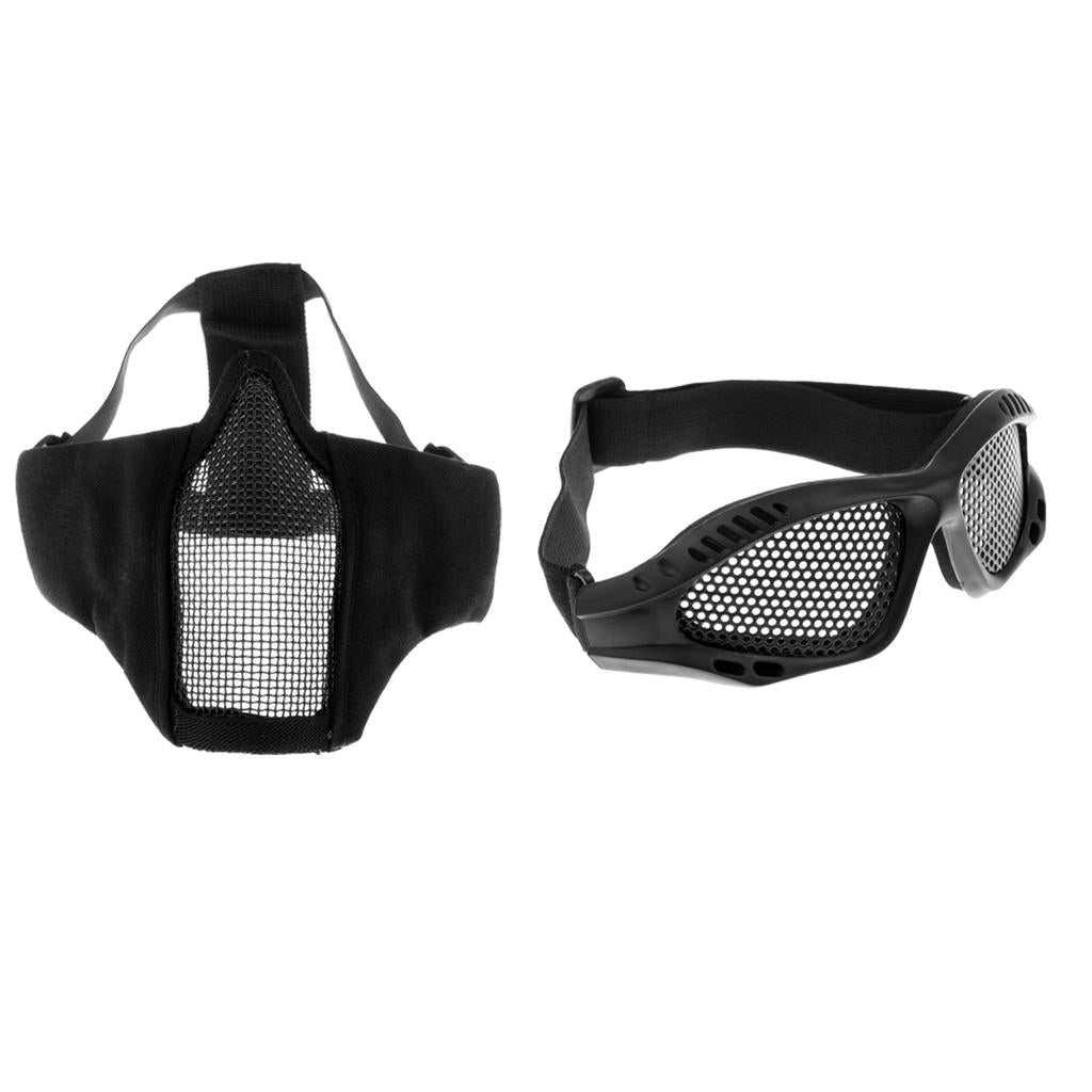 Adjustable Steel Mesh Half Face Lower Tactical Mask & Goggles Black