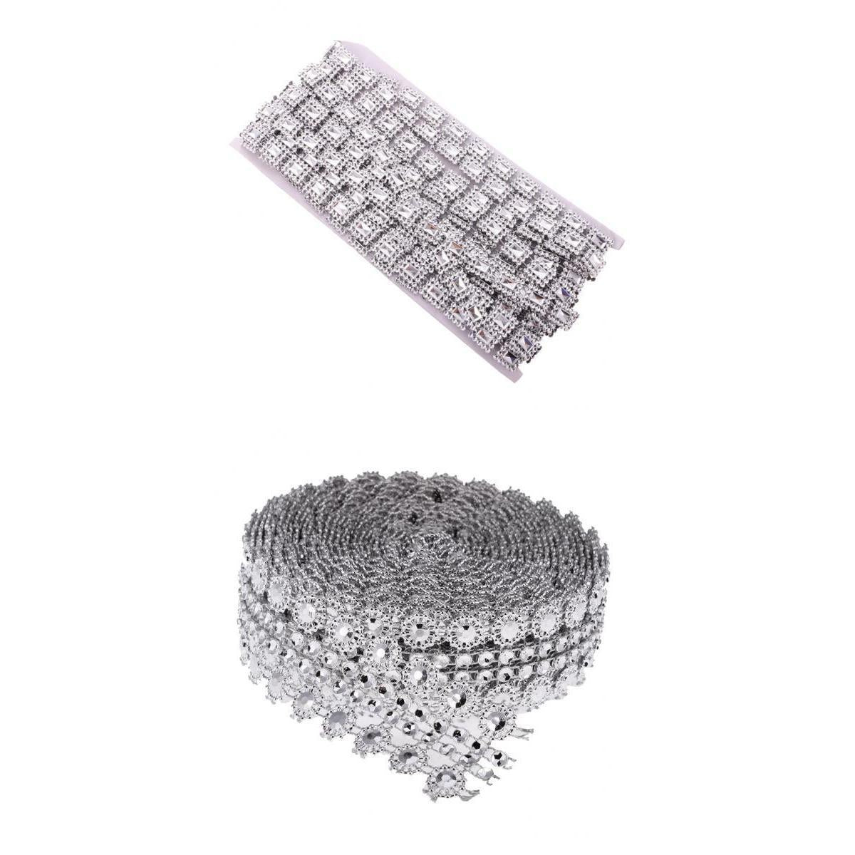 2 Rolls Square & Flower Crystal Chain Ribbon Trim Sewing Applique Silver