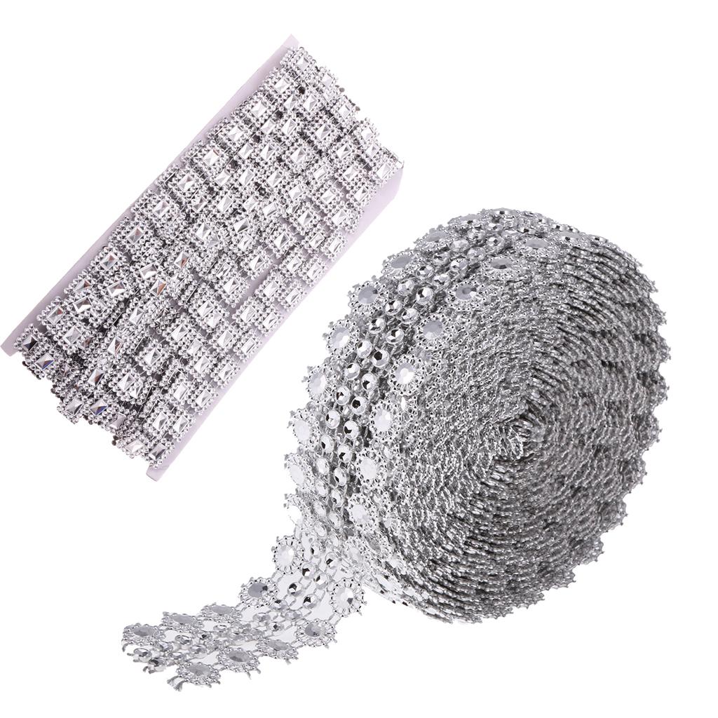 2 Rolls Square & Flower Crystal Chain Ribbon Trim Sewing Applique Silver
