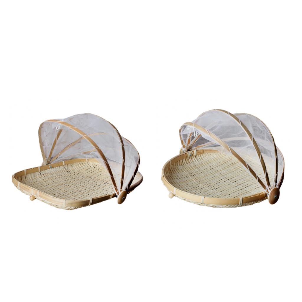 2x Bamboo Tent Basket Serving Food Outdoor Picnic Pop Up Mesh Net Cover L