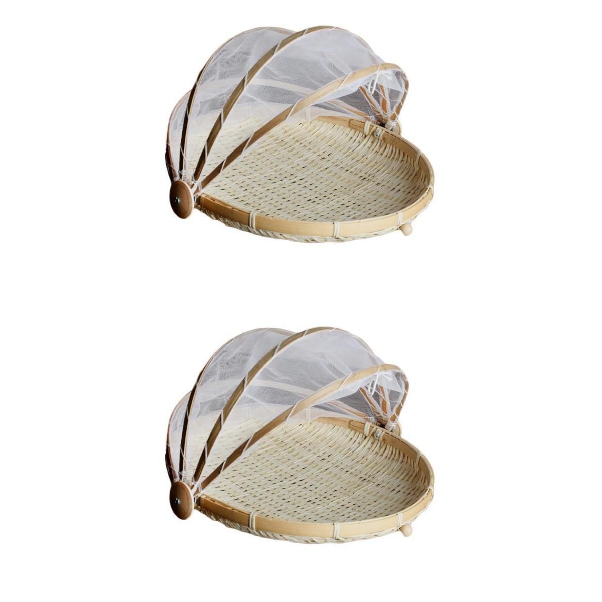 2xBamboo Tent Basket Serving Food Outdoor Picnic Pop Up Mesh Net Cover Round