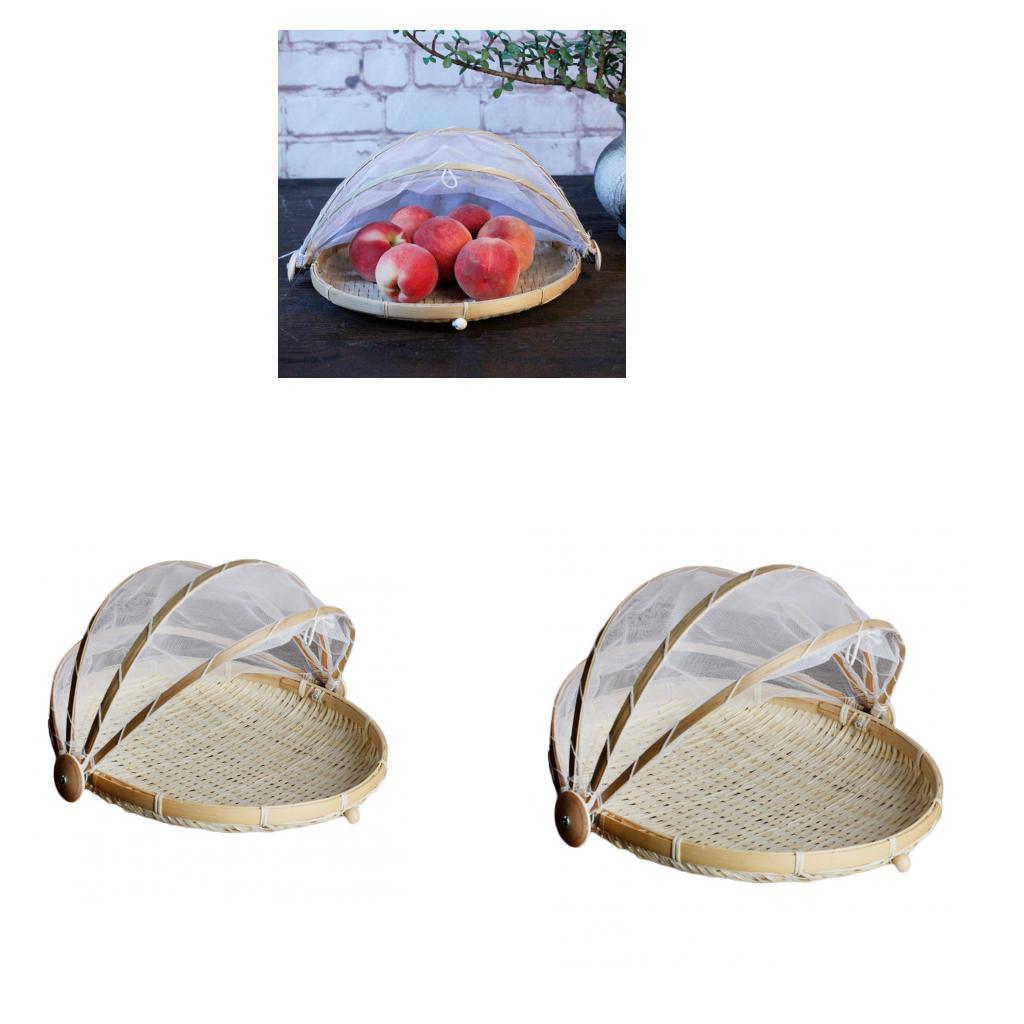 2xBamboo Tent Basket Serving Food Outdoor Picnic Pop Up Mesh Net Cover Round