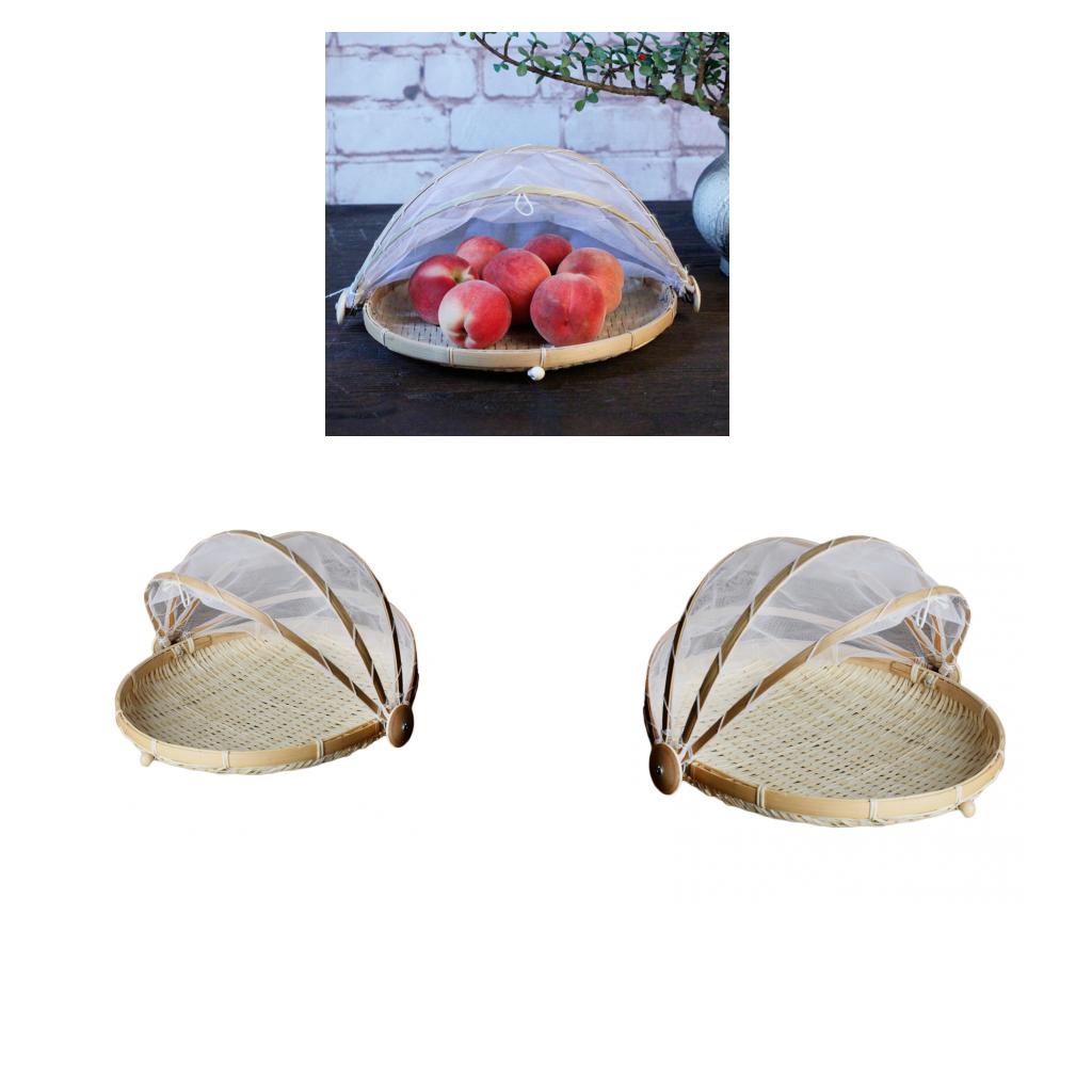 2xBamboo Tent Basket Serving Food Outdoor Picnic Pop Up Mesh Net Cover Round