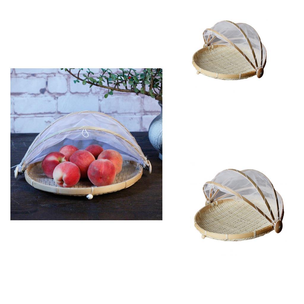 2xBamboo Tent Basket Serving Food Outdoor Picnic Pop Up Mesh Net Cover Round