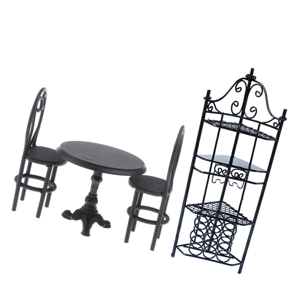 4 Pieces Miniature Metal Table Chair Shelf Set for 1/12 Dollhouse Furniture
