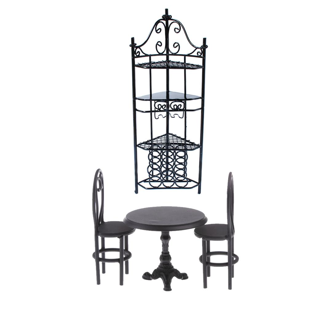 4 Pieces Miniature Metal Table Chair Shelf Set for 1/12 Dollhouse Furniture