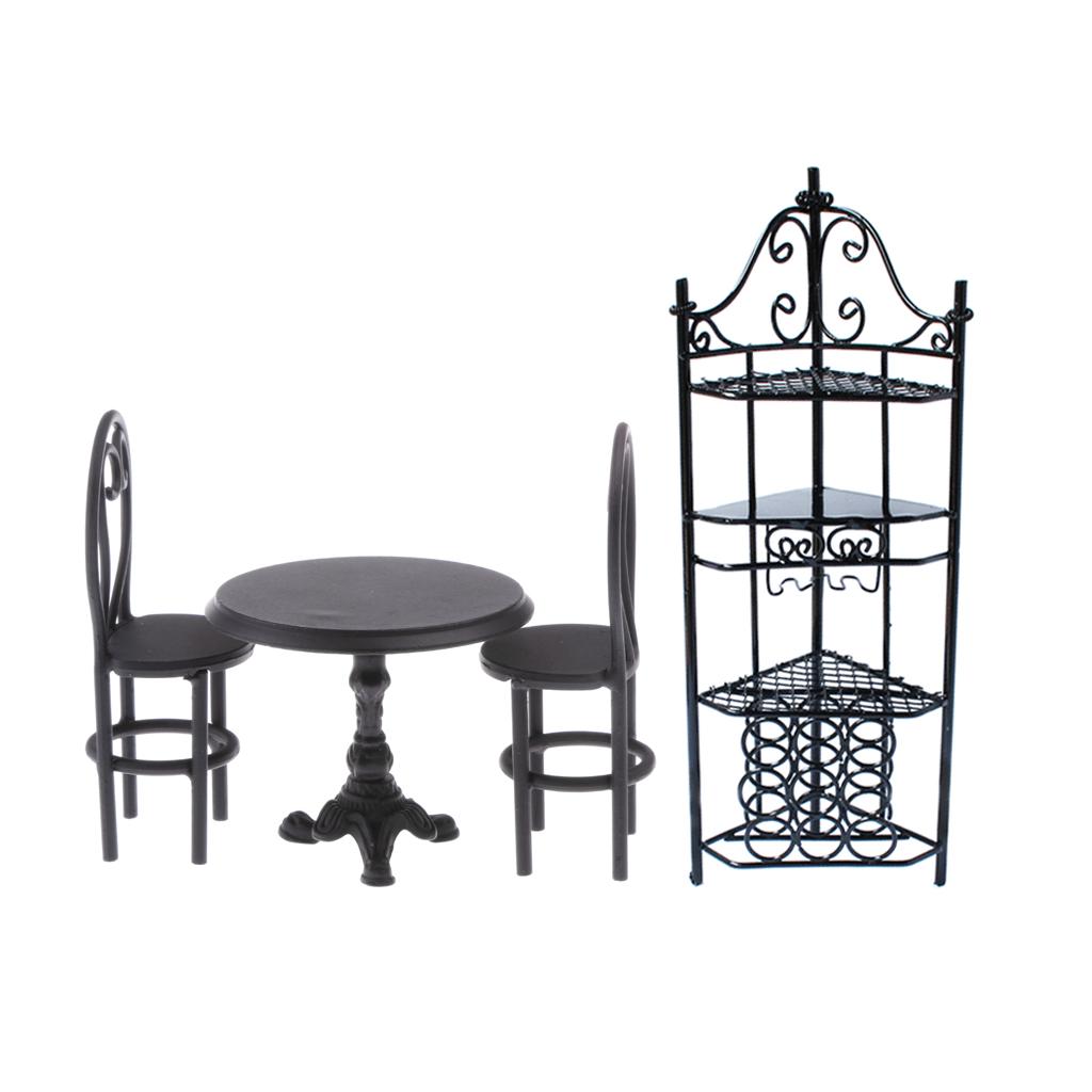 4 Pieces Miniature Metal Table Chair Shelf Set for 1/12 Dollhouse Furniture