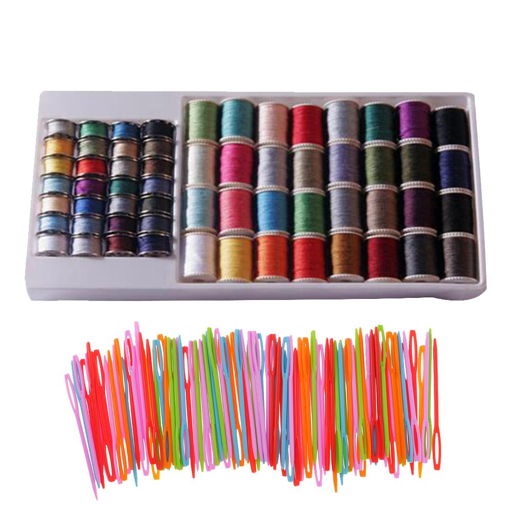 60Pcs Polyester Sewing Threads Lots & 100Pcs Plastic Weaving Needles Crafts