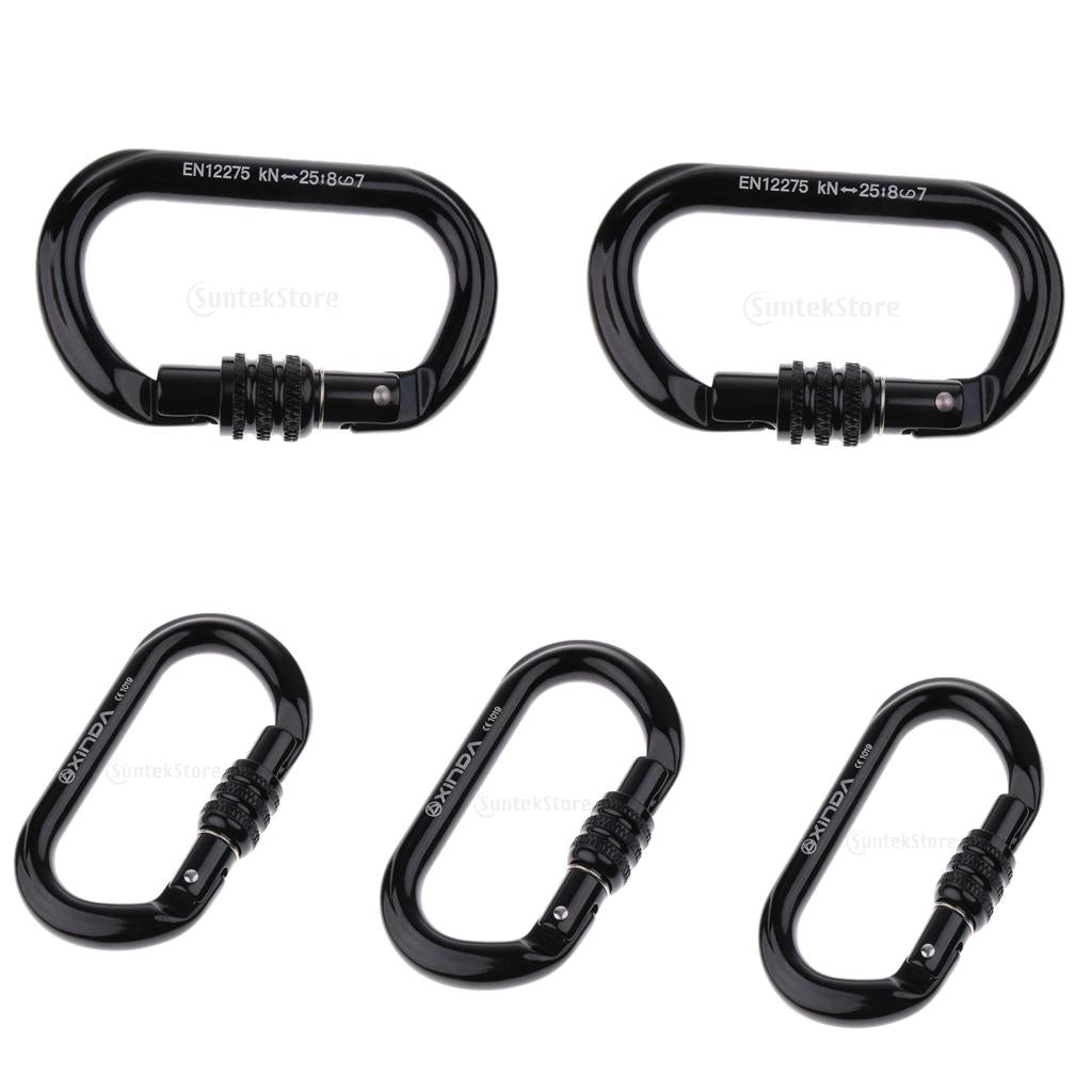 5pcs Rock Climbing Carabiner Screw Locking O-Shaped Buckle 8KN-25KN Black