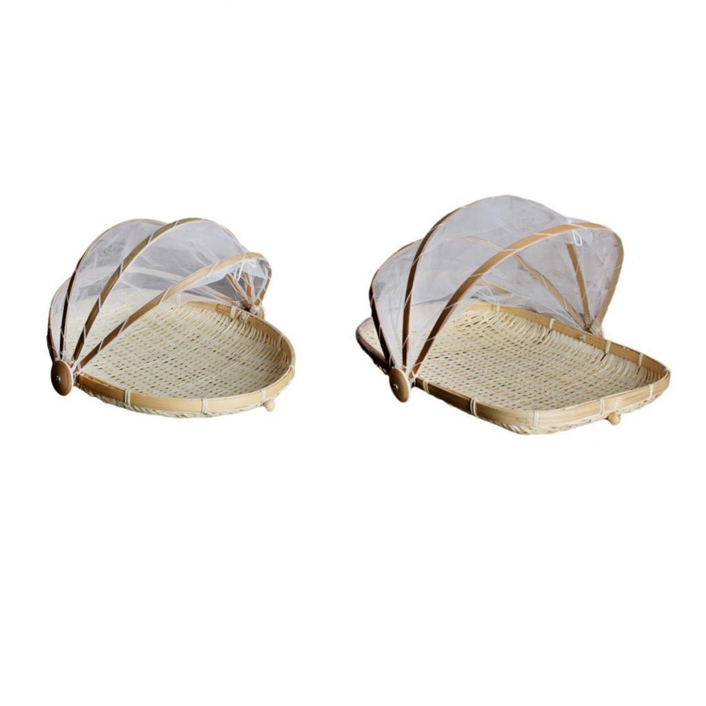 2 piece Bamboo Tent Basket Serving Food Outdoor Picnic Pop Up Mesh Net Cover